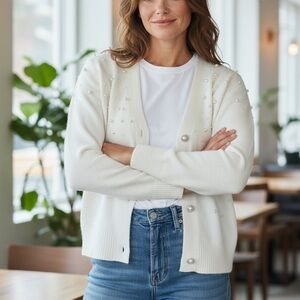 New York & Co. Pearl-Embellished White Cardigan Sweater XL Relaxed Fit V-Neck